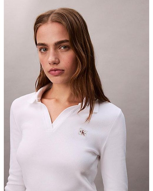 Calvin Klein Blue Jeans Woven Monologo Rib Collared Top