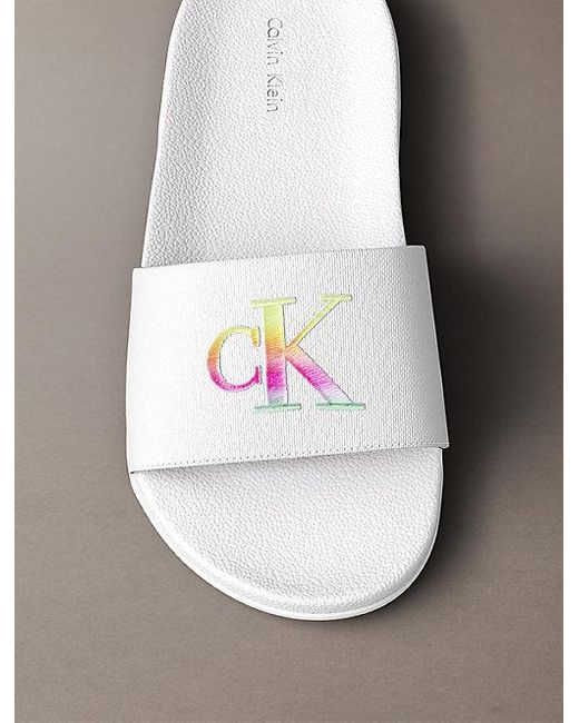 Calvin Klein White Canvas Contoured Logo Sliders Pride