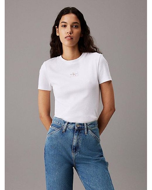 Calvin Klein Blue Schmales T-Shirt aus gerippter Baumwolle