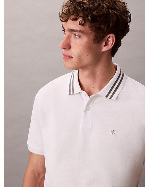 Calvin Klein White Jeans Monogram Pique Tipped Classic Polo Shirt for men