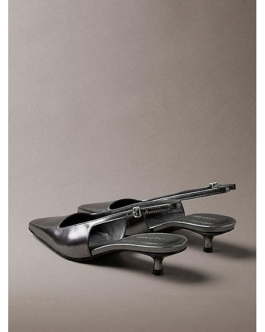 Calvin Klein Gray Metallic Leather Kitten Heel Slingbacks