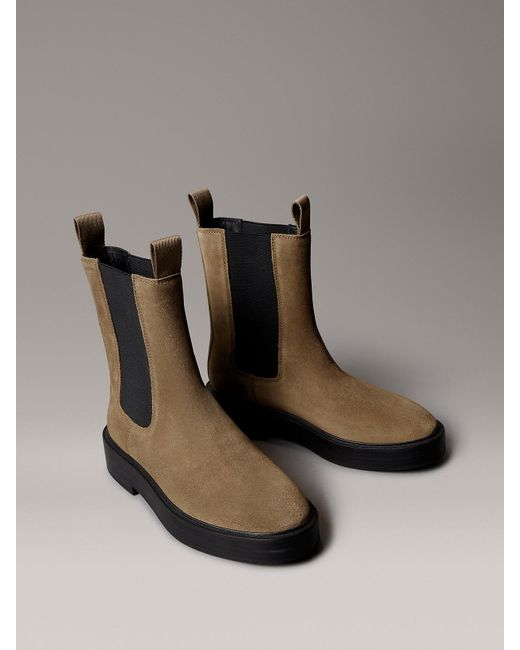 Calvin Klein Gray Suede Stacked Heel Chelsea Boots