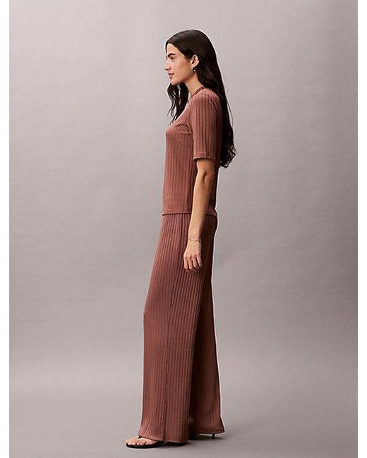 Calvin Klein Brown Shiny Ribbed Pull On Trousers