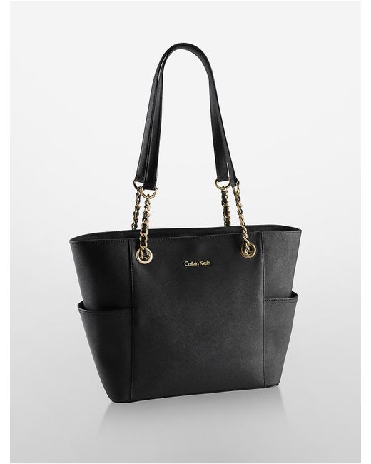 Calvin Klein Black Saffiano Leather Chain-trimmed Tote Bag