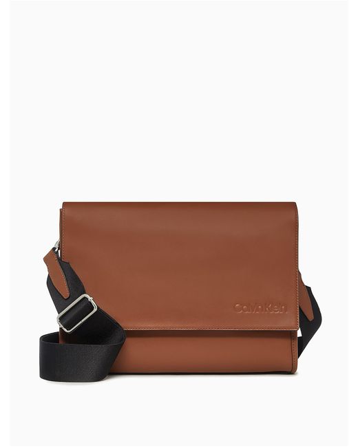 Calvin Klein Brown Refined Leather Messenger Bag for men
