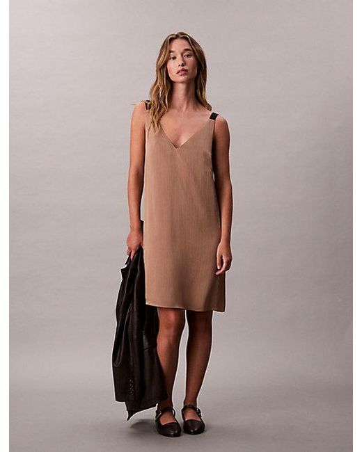 Calvin Klein Brown Jeans Crinkle Satin V Neck Slip Dress