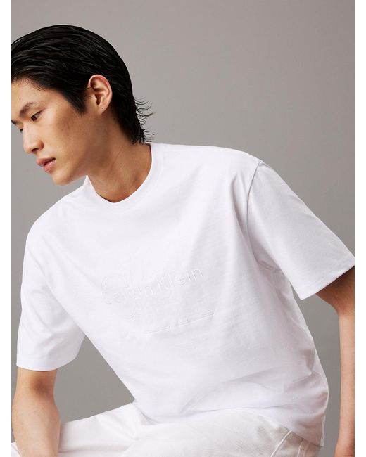 Calvin Klein White Relaxed Fit Tonal Monogram Logo Heavyweight Tee for men