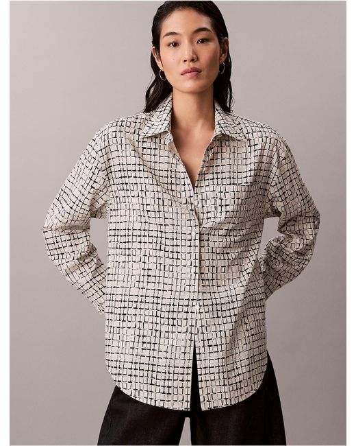 Calvin Klein Natural Printed Tencel Blend Roll Tab Shirt