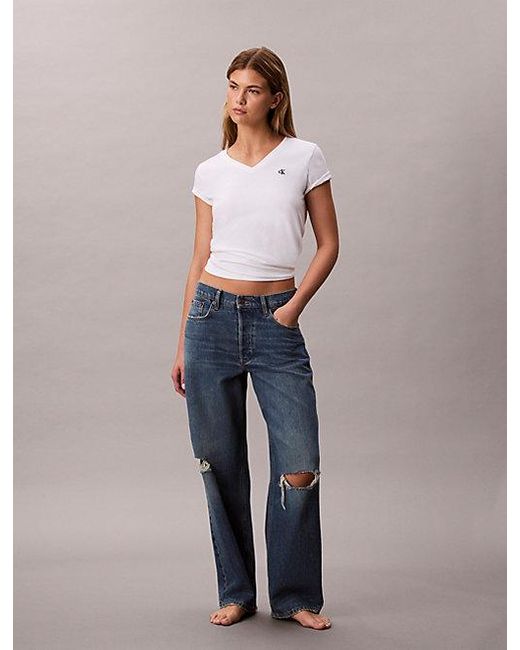 Calvin Klein White Jeans Relaxed Monogram V Neck T-Shirt