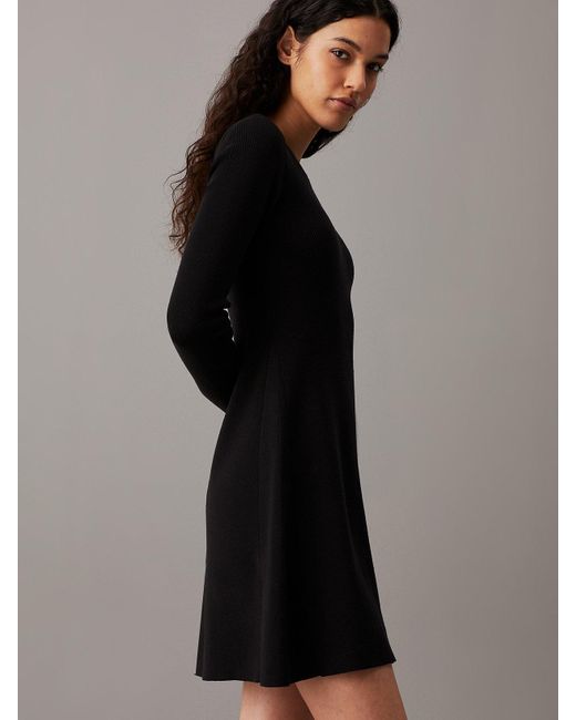 Calvin Klein Black Ribbed Cotton Flared Jumper Dress