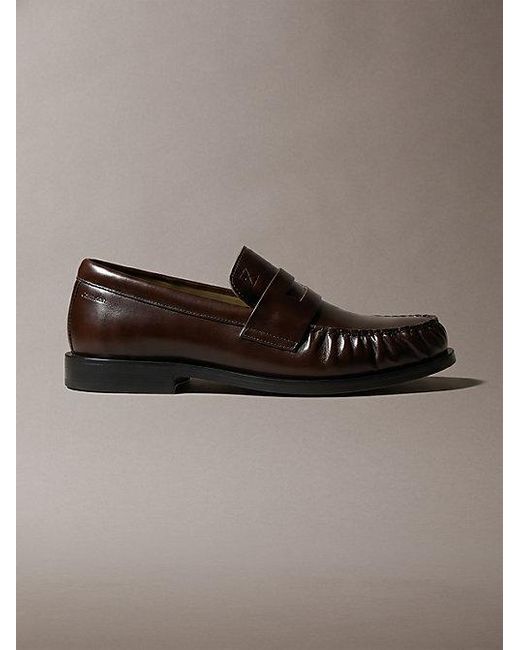 Calvin Klein Brown Theo Leather Pleated Penny Loafers for men