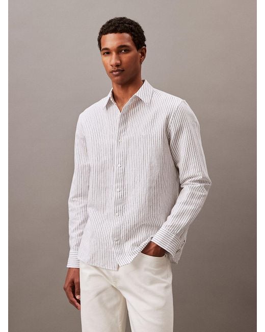 Chemise boutonnée classique en lin mélangé rayé Calvin Klein pour homme en coloris White