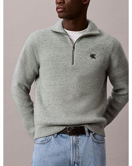Calvin Klein Gray Jeans Wool Blend Zip Neck Jumper for men
