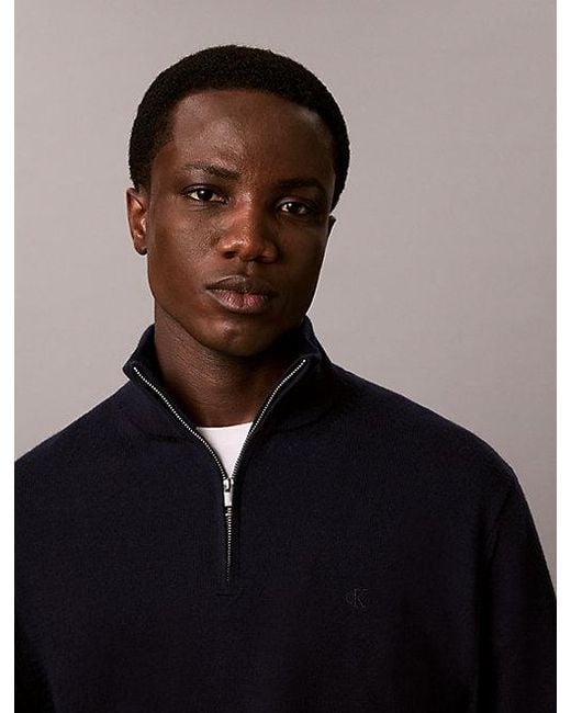 Calvin Klein Blue Merino Wool Quarter Zip Jumper for men
