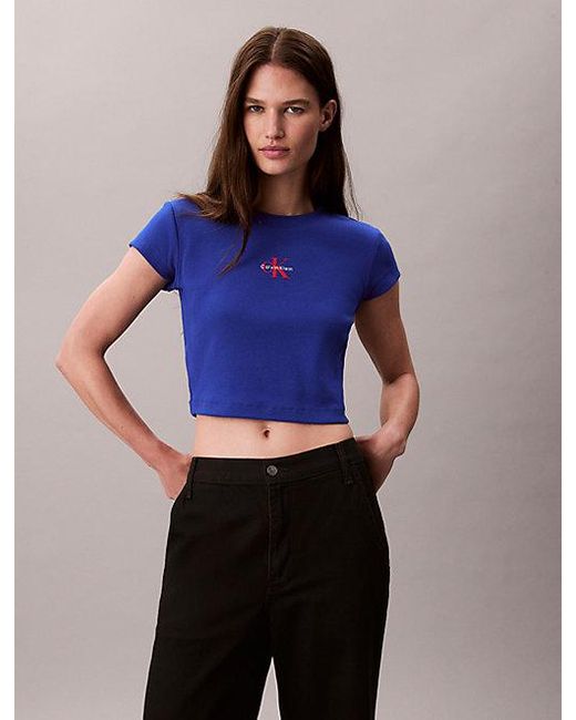 Calvin Klein Blue Jeans Slim Ribbed Cotton Logo T-Shirt