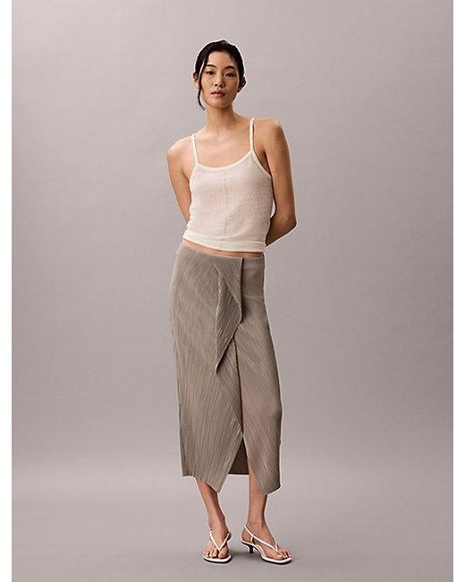 Calvin Klein Brown Draped Plissé Midi Skirt