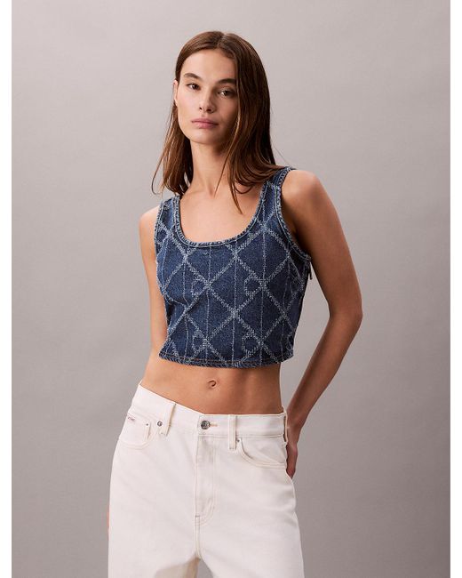 Calvin Klein Blue Denim Allover Monogram Cropped Tank Top