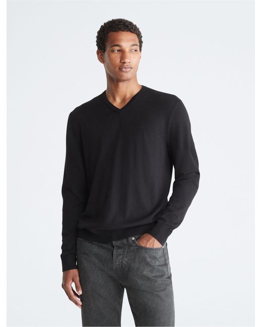 Calvin Klein Black Extra Fine Merino Wool Blend V-neck Sweater for men