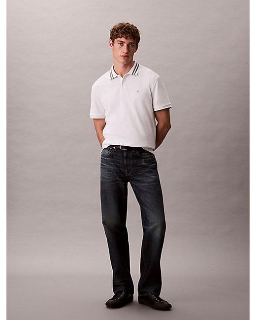 Calvin Klein White Jeans Monogram Pique Tipped Classic Polo Shirt for men