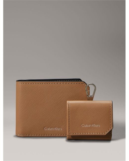 Calvin Klein Brown Refined Saffiano Leather Bifold Wallet + Airpods Case Gift Set for men