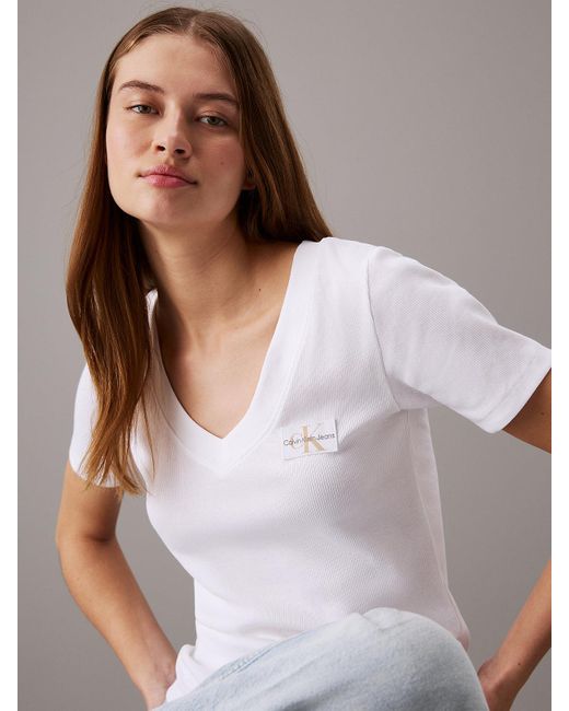 Calvin Klein White Ribbed Cotton V-neck T-shirt