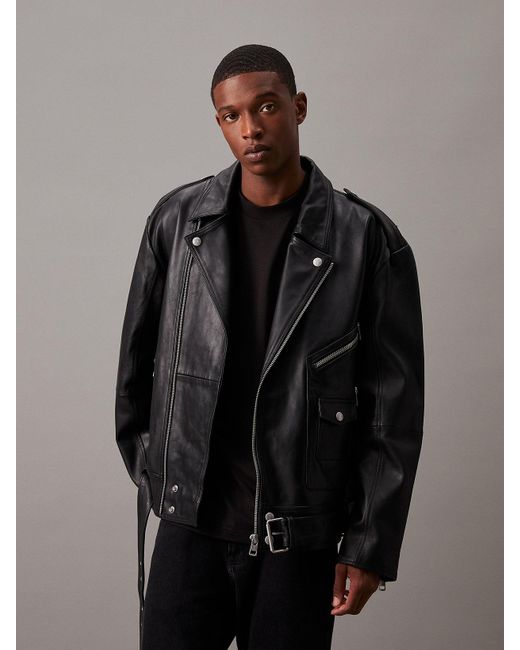 Calvin Klein Leather Biker Jacket in Grey for Men Lyst UK