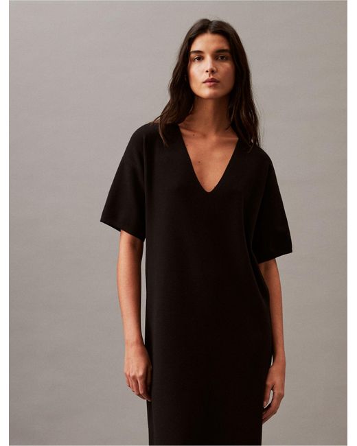 Calvin Klein Black Tech Knit V-neck Midi Dress