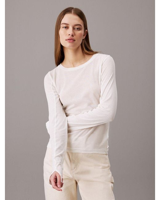 Calvin Klein White Sheer Knit Long Sleeve Top