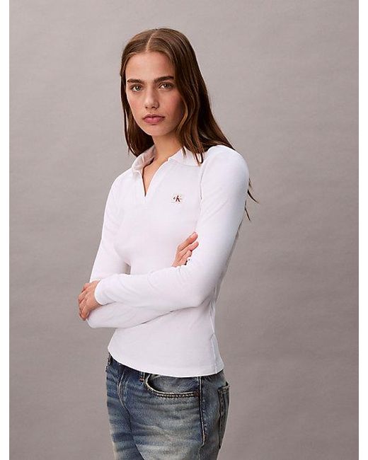Calvin Klein Blue Jeans Woven Monologo Rib Collared Top