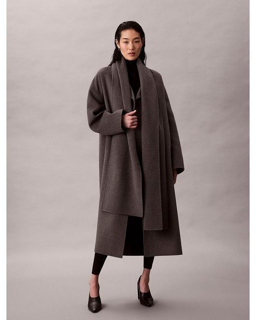 Calvin Klein Brown Heathered Wool Scarf Coat