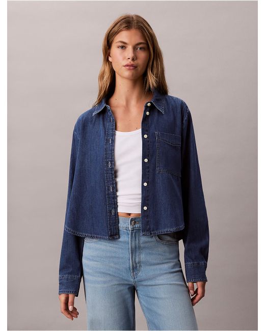 Calvin Klein Blue Calvin Klein Denim Cropped Relaxed Button-Down Shirt