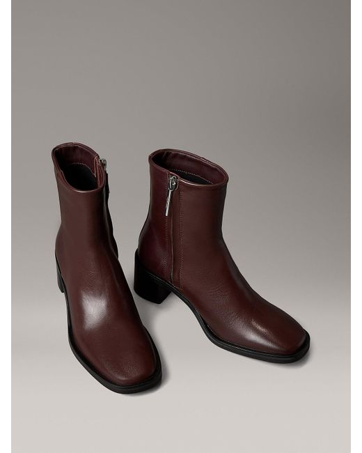 Calvin Klein Brown Leather Square Toe Zip Ankle Boots
