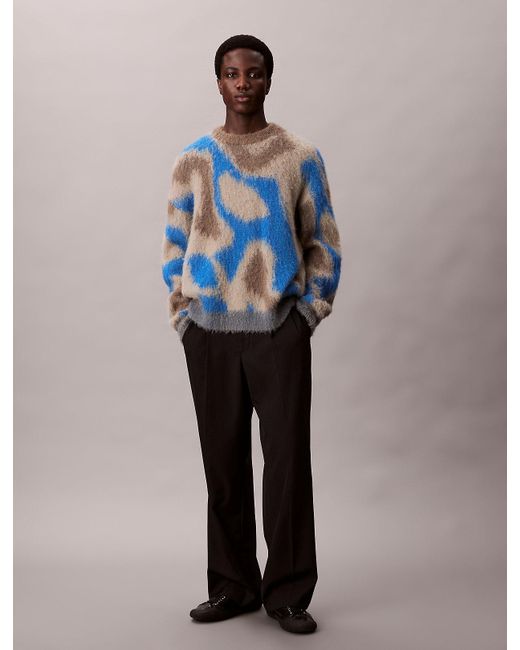Calvin Klein Blue Brushed Alpaca Blend Patterned Jumper for men