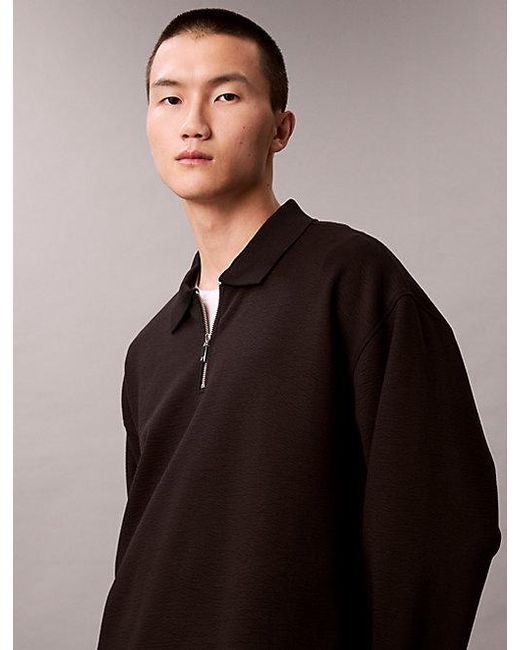 Calvin Klein Black Crinkle Crepe 1 4 Zip Long Sleeve Polo Shirt for men
