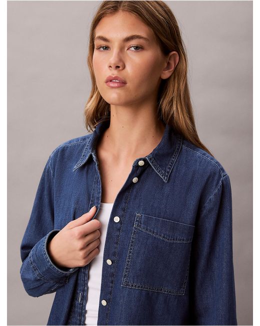 Calvin Klein Blue Calvin Klein Denim Cropped Relaxed Button-Down Shirt