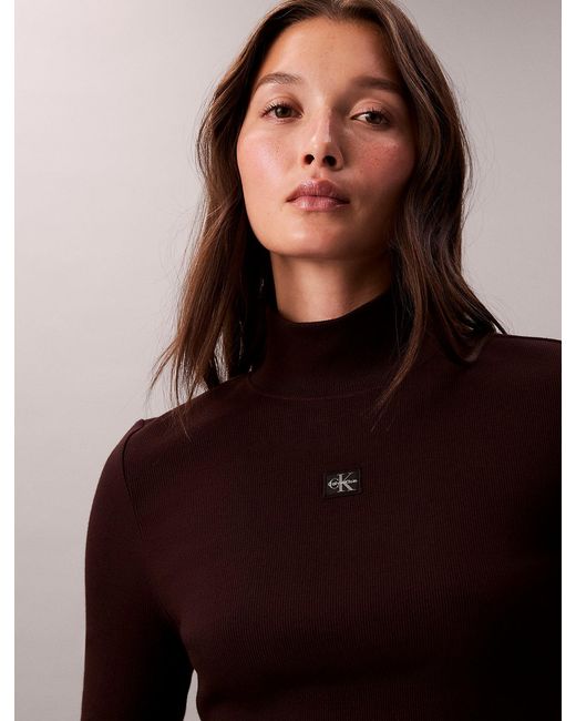Calvin Klein Brown Ribbed Cotton Turtleneck Top