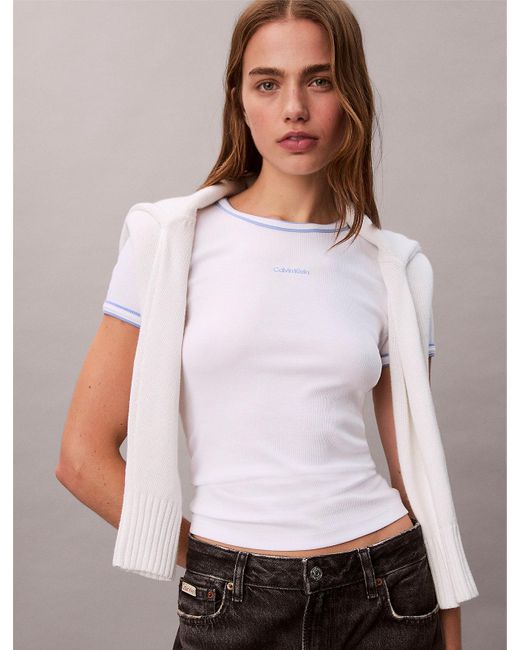 T-Shirt Da Neonato Con Logo Grafico A Coste Con Bordi A Contrasto di Calvin Klein in White