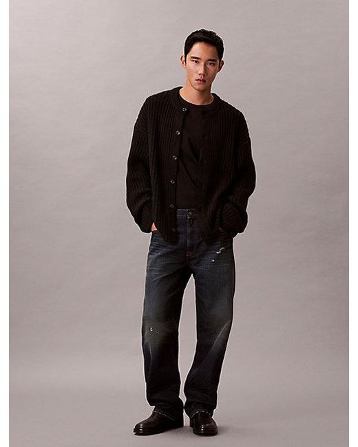 Calvin Klein Black Jeans Cotton Blend Ribbed Relaxed Cardigan for men