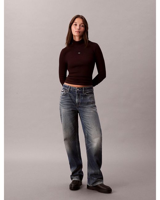 Calvin Klein Brown Ribbed Cotton Turtleneck Top