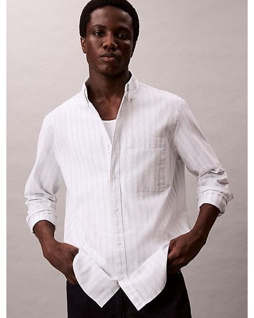 Calvin Klein White Jeans Stripe Oxford Classic Button Down Shirt for men