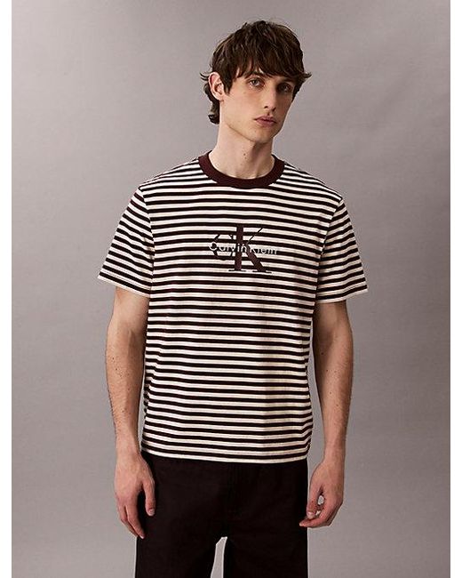 Calvin Klein Brown Jeans Monogram Logo Stripe Relaxed T-Shirt for men