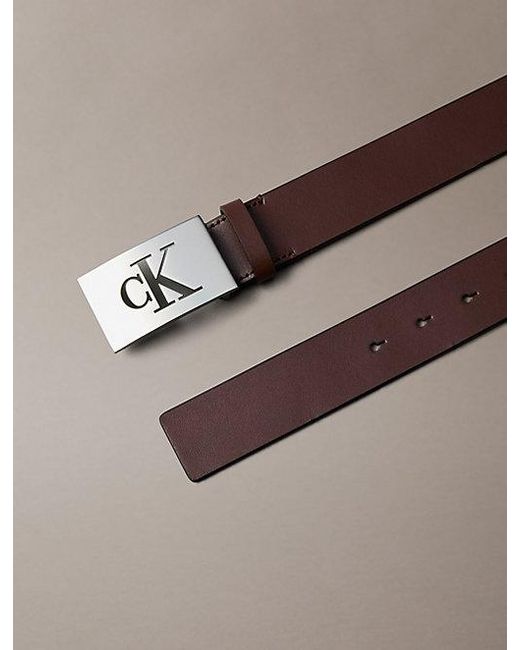 Calvin Klein Brown Leather Monogram Plaque Buckle Belt for men