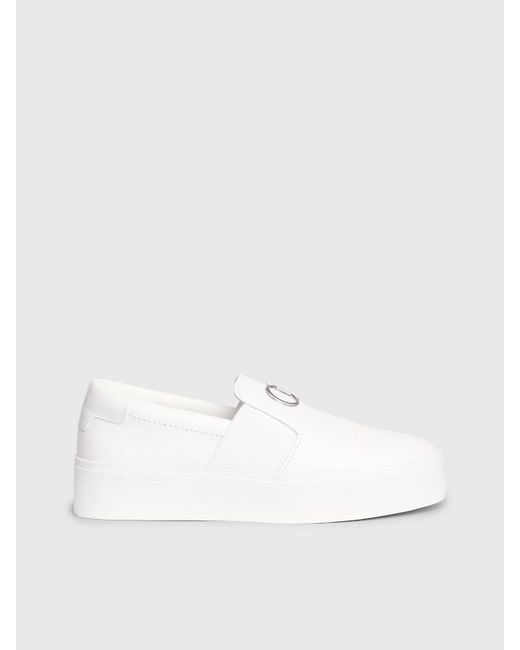 Calvin Klein White Leather Platform Slip-On Shoes