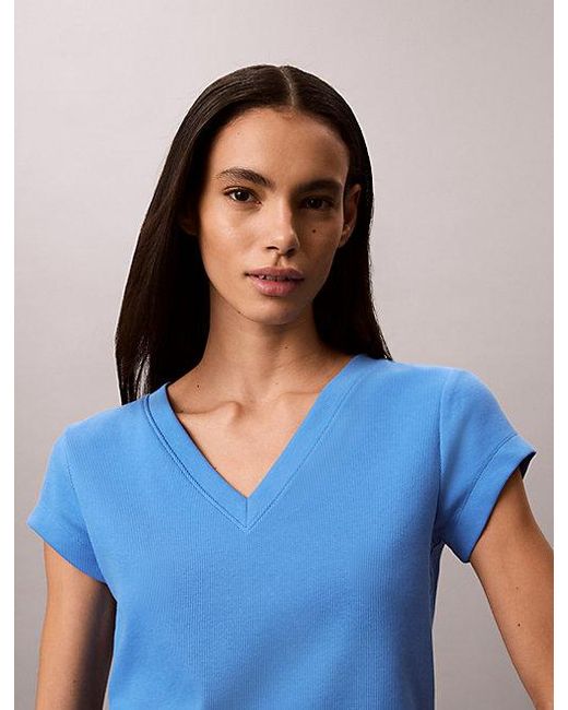 Calvin Klein Blue Jeans Ribbed Cotton V Neck T-Shirt