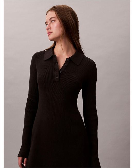 Calvin Klein Calvin Klein Cotton Rib V-Neck Polo Mini Dress in Black | Lyst