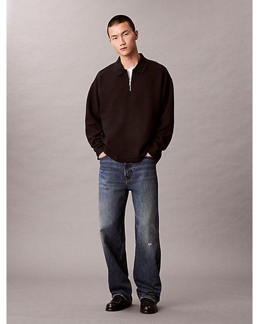 Calvin Klein Black Crinkle Crepe 1 4 Zip Long Sleeve Polo Shirt for men