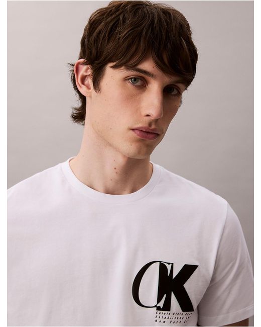 Calvin Klein White Calvin Klein Monogram Logo Macro Sport Graphic Classic T-Shirt for men