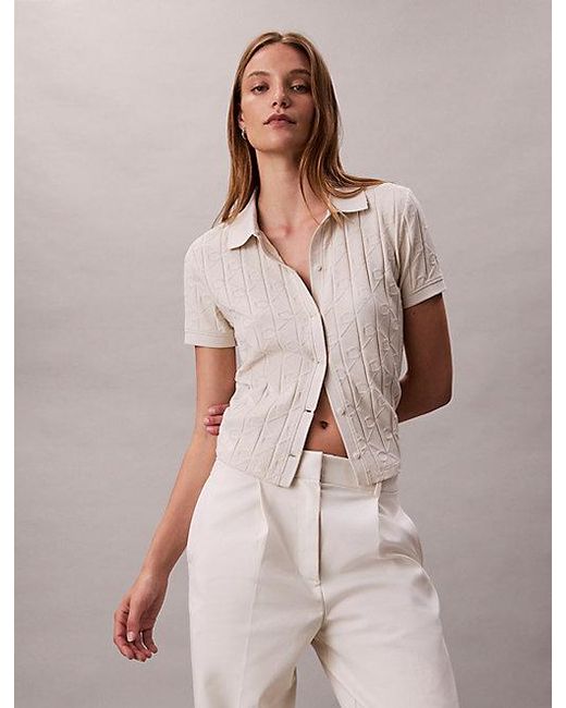 Calvin Klein Natural Jeans Allover Monogram Logo Jacquard Polo Top