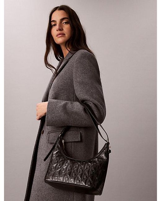 Calvin Klein Gray Debossed Allover Emblem Logo Small Shoulder Bag
