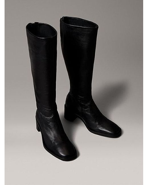Calvin Klein Black Leather Square Toe Zip Knee Boots